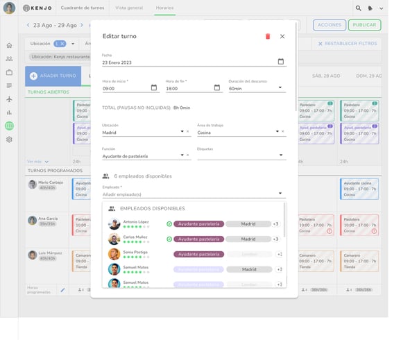 Interfaz del software de turnos rotativos de Kenjo