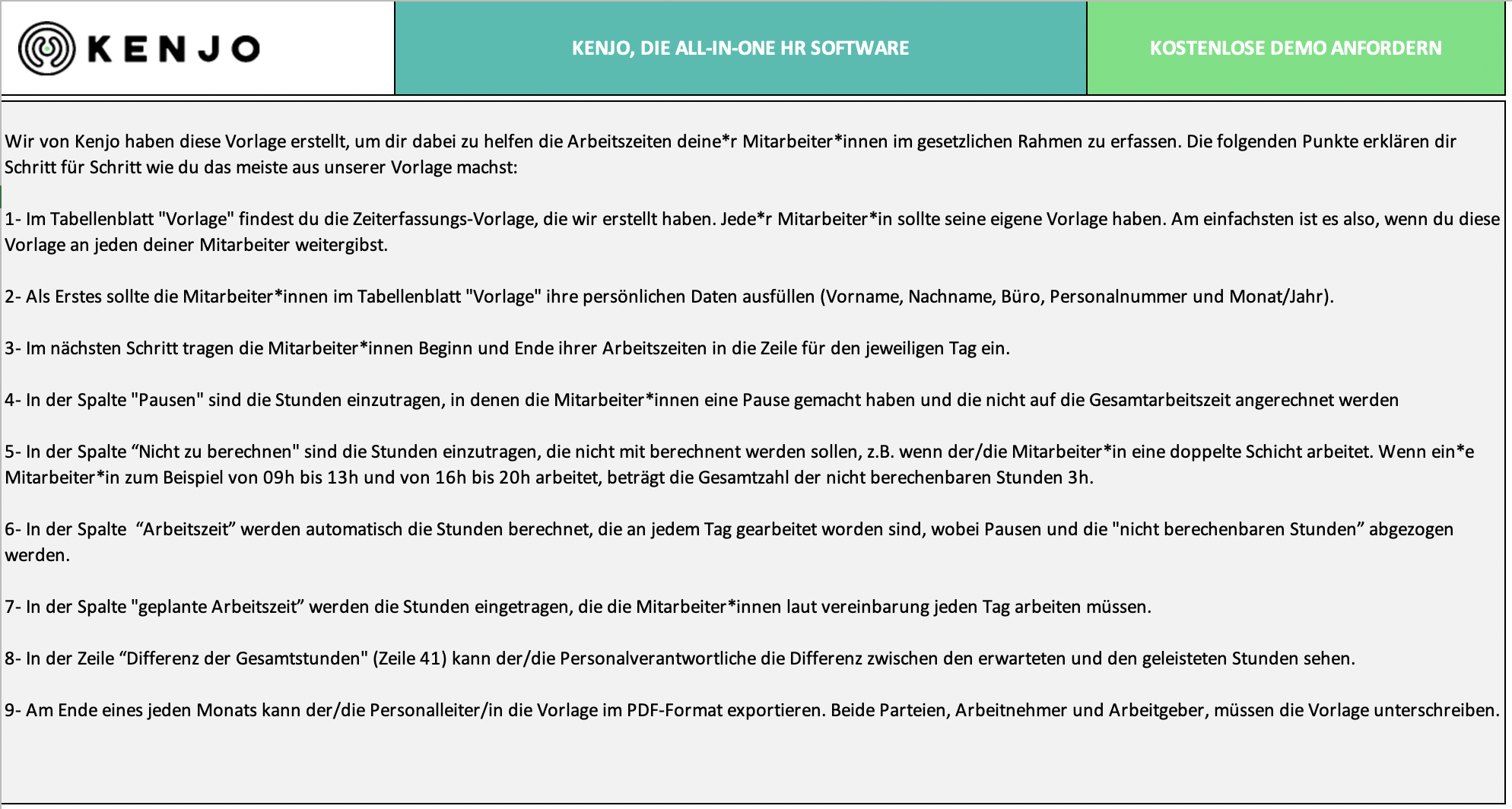 Kenjo Zeiterfassungs vorlage anleitung