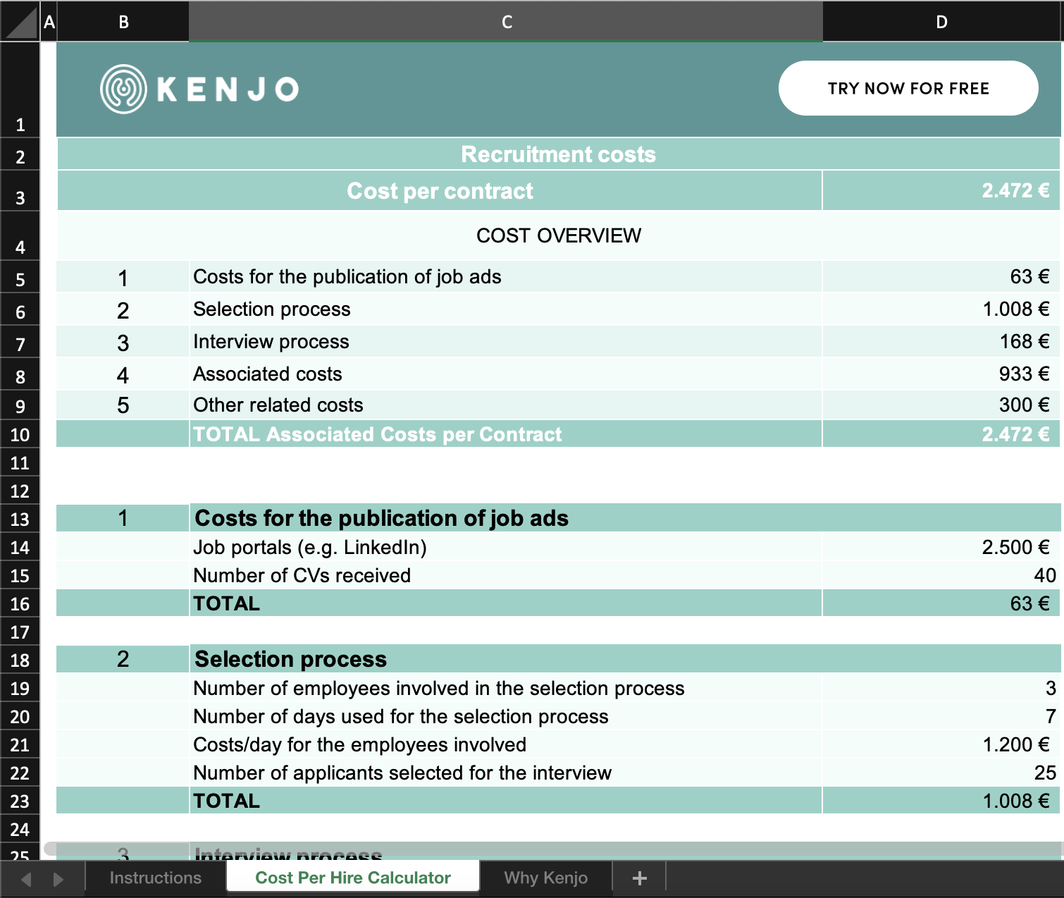 Kenjo cost per hire excel template calculator