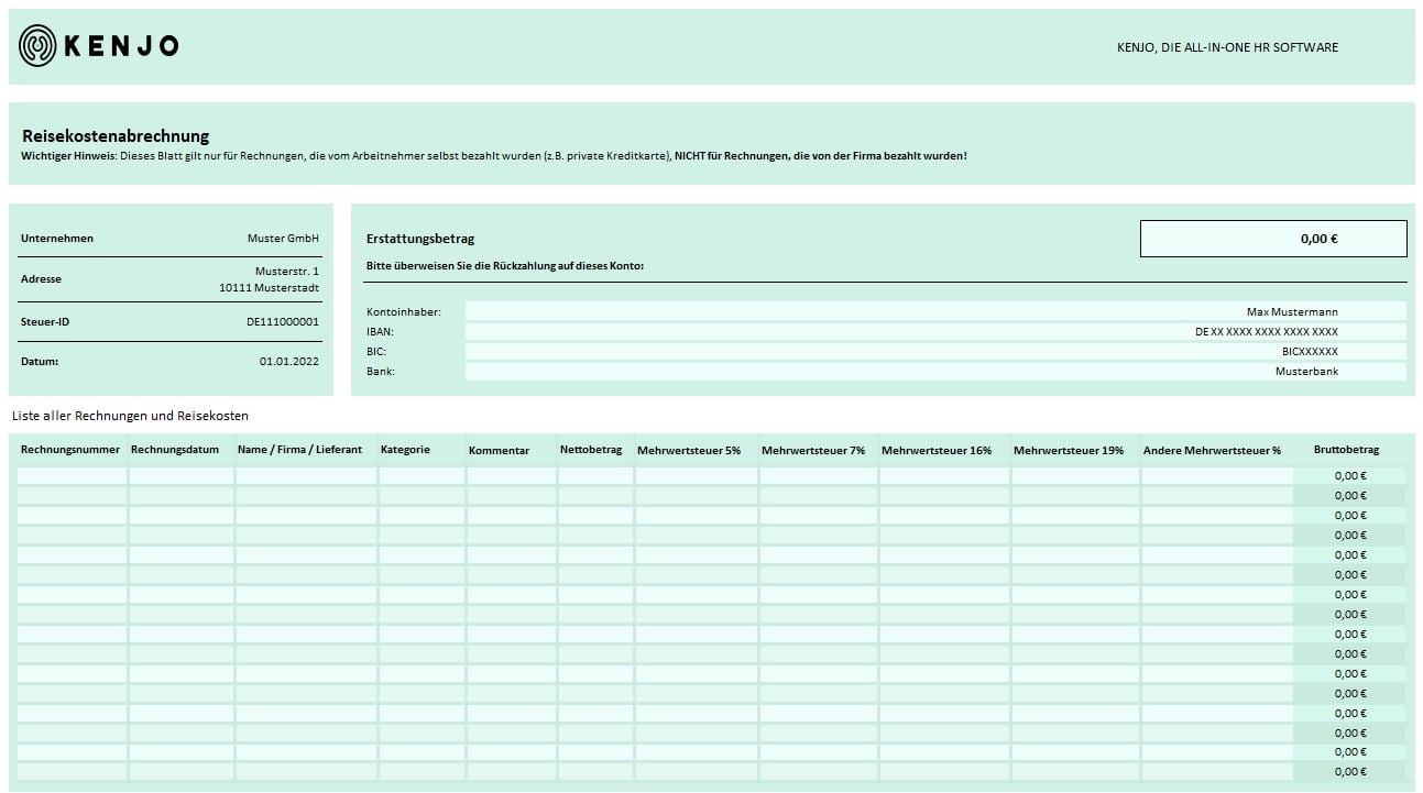 Kostenlose Vorlage Reisekostenabrechnung | Kenjo