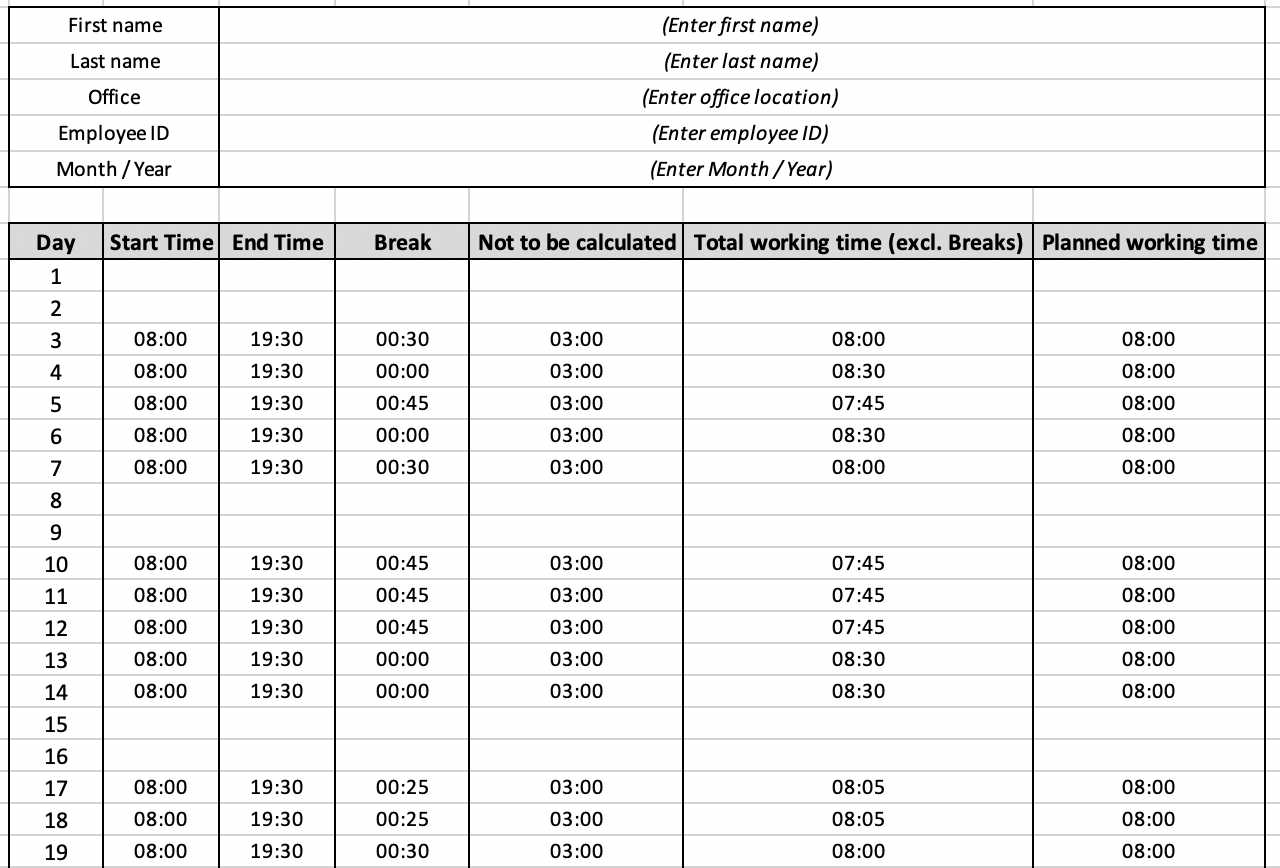 2022 Excel Timesheet Template for Employees